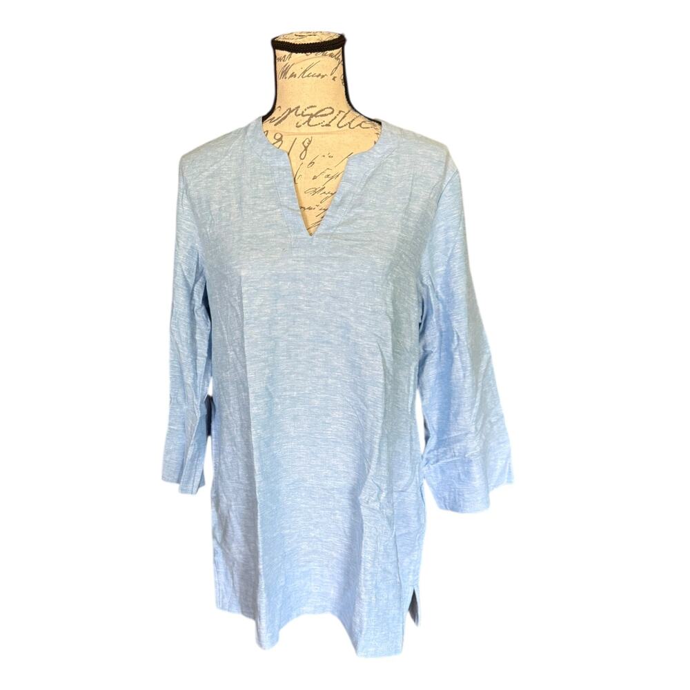 Lands' End Blue Split Neck 3/4 Sleeve Linen Blend Tunic Shirt Size Small